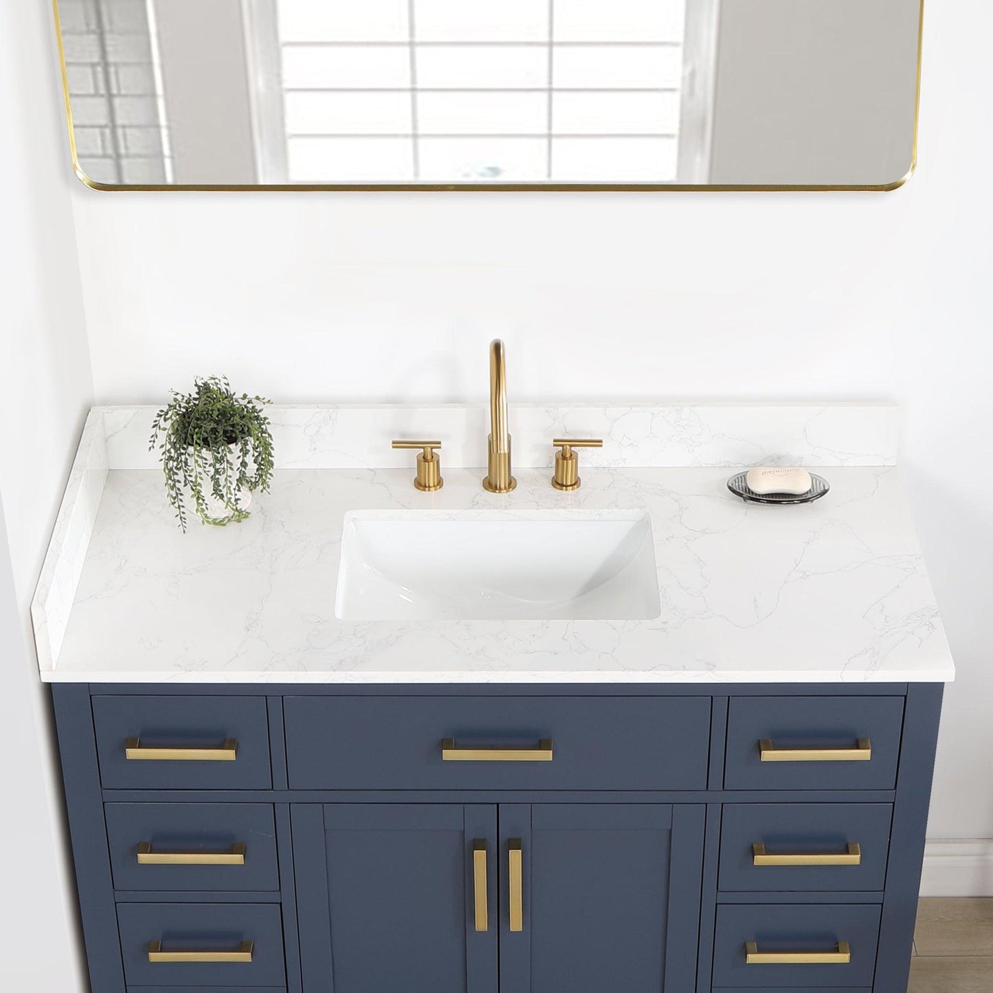 Altair Gavino 48" Royal Blue Freestanding Single Bathroom Vanity Set With Mirror, Grain White Composite Stone Top, Single Rectangular Undermount Ceramic Sink, Overflow, Sidesplash, and Backsplash