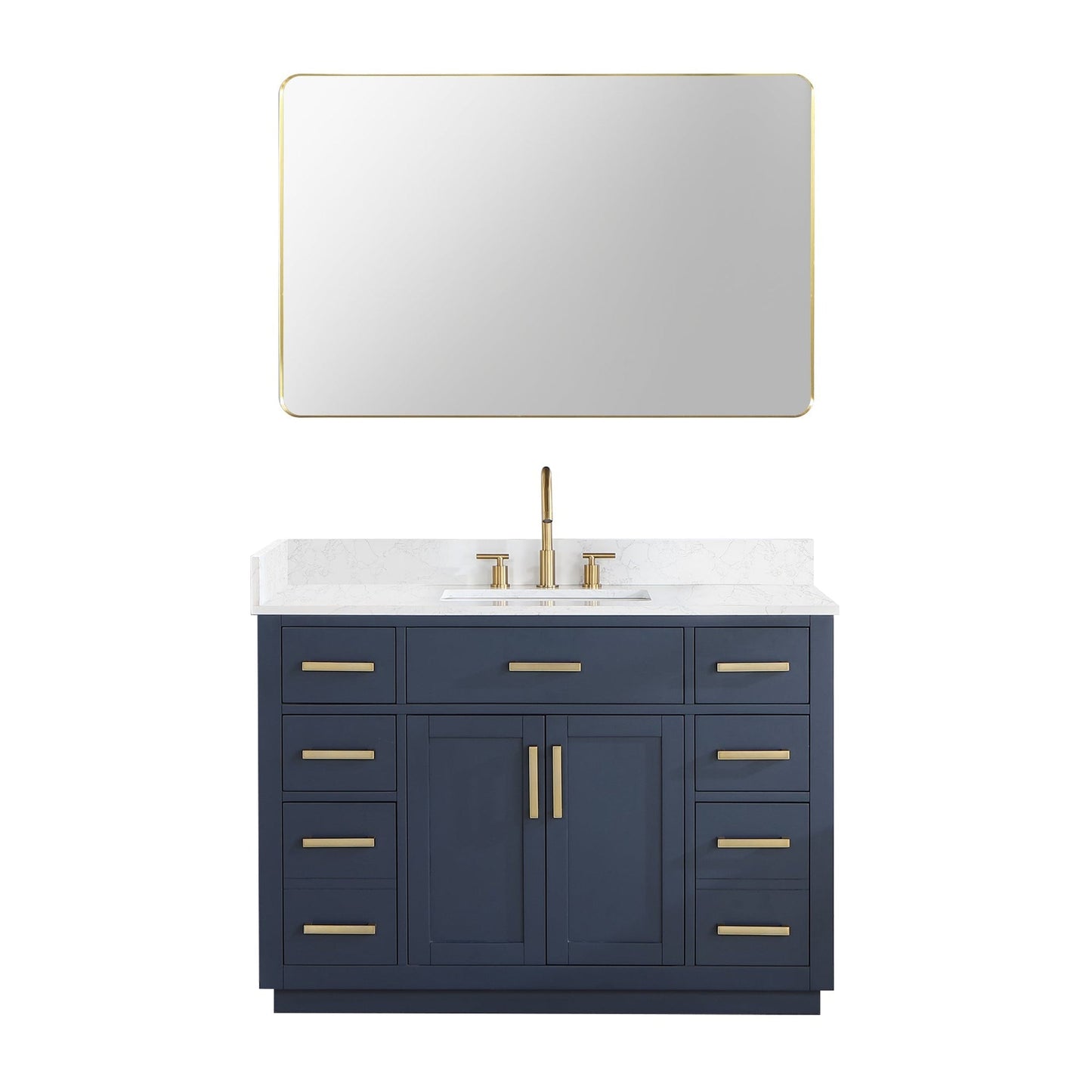 Altair Gavino 48" Royal Blue Freestanding Single Bathroom Vanity Set With Mirror, Grain White Composite Stone Top, Single Rectangular Undermount Ceramic Sink, Overflow, Sidesplash, and Backsplash