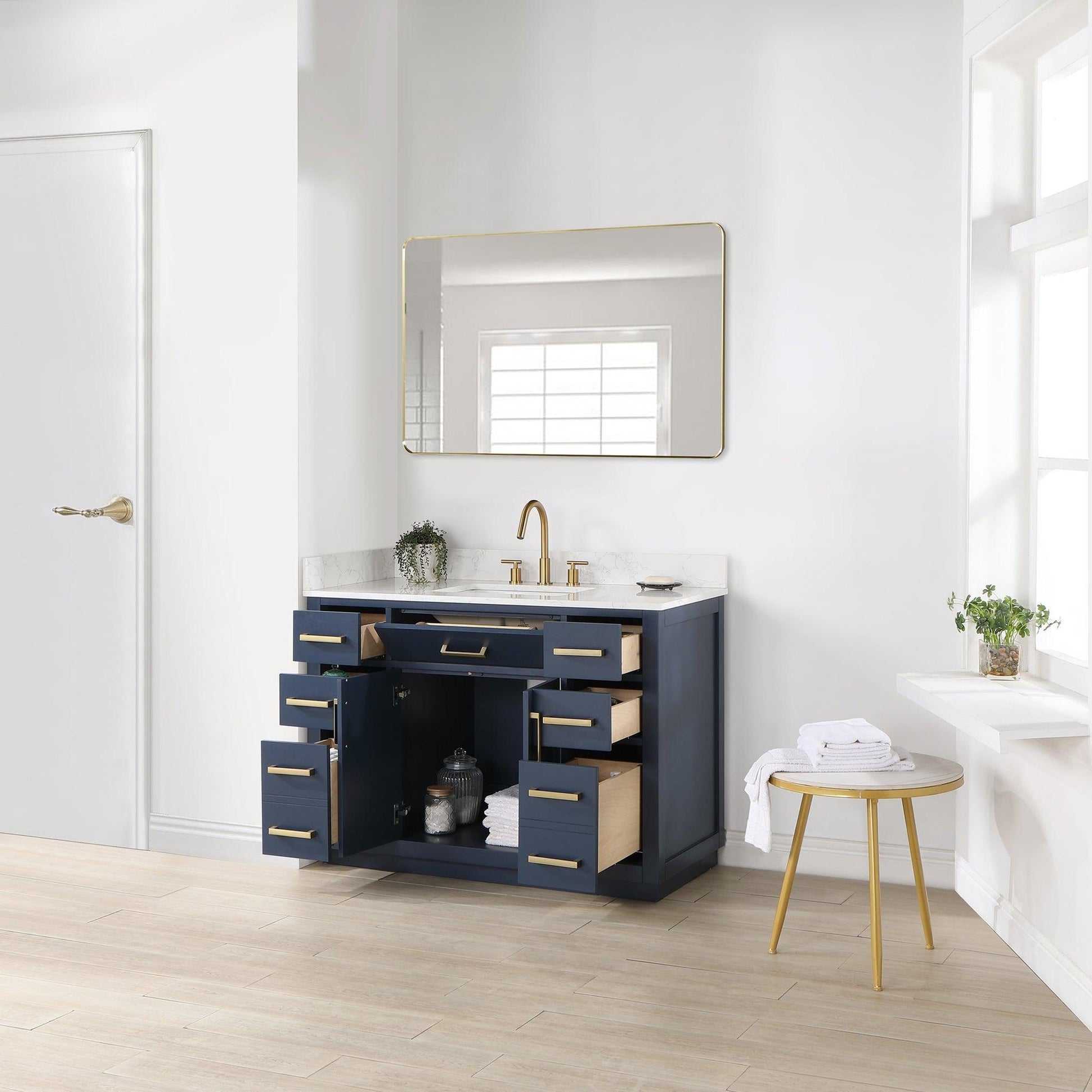 Altair Gavino 48" Royal Blue Freestanding Single Bathroom Vanity Set With Mirror, Grain White Composite Stone Top, Single Rectangular Undermount Ceramic Sink, Overflow, Sidesplash, and Backsplash