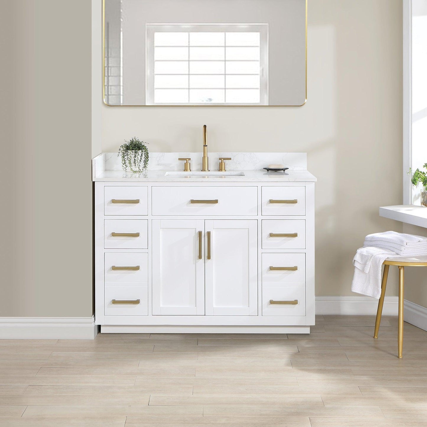 Altair Gavino 48" White Freestanding Single Bathroom Vanity Set With Grain White Composite Stone Top, Single Rectangular Undermount Ceramic Sink, Overflow, Sidesplash, and Backsplash