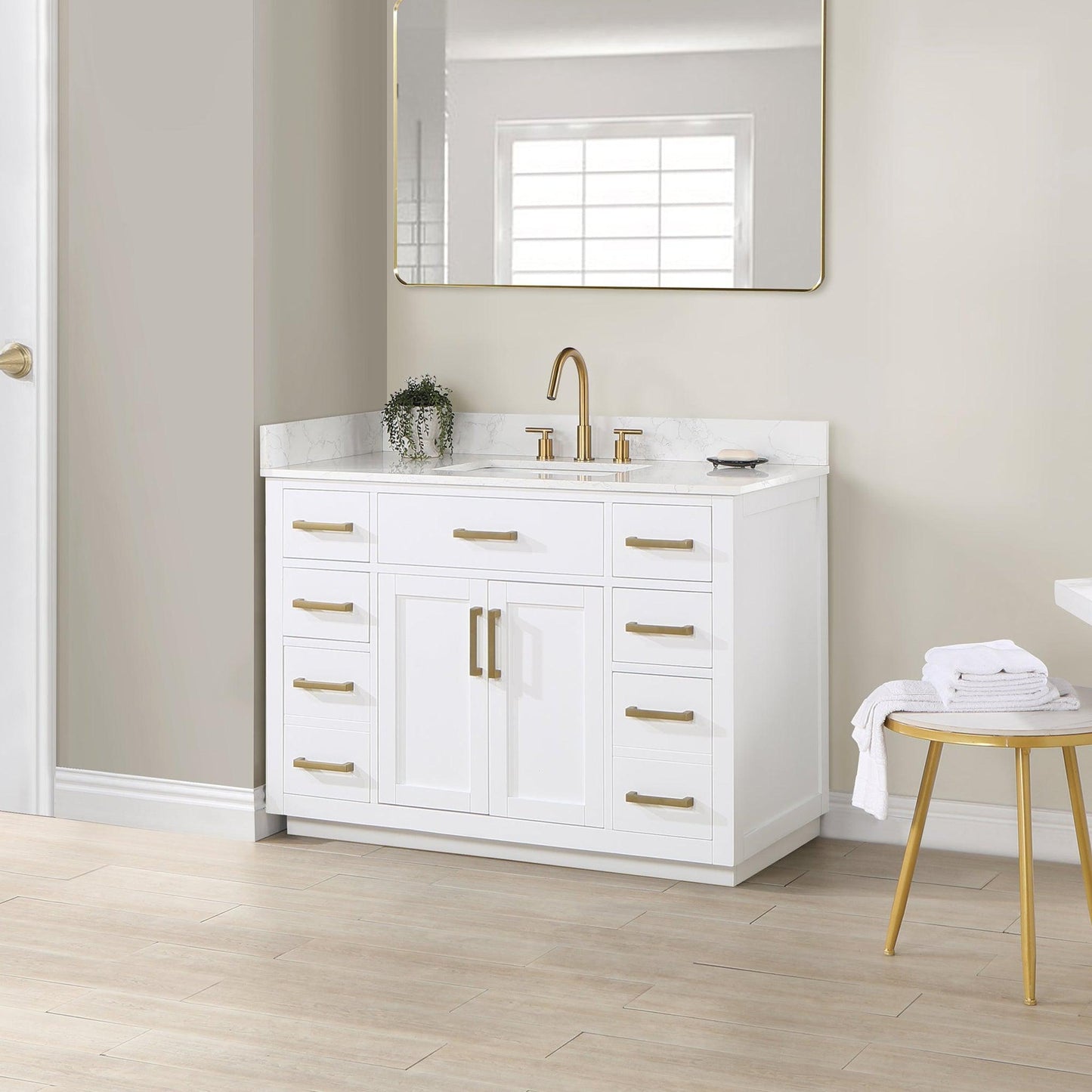 Altair Gavino 48" White Freestanding Single Bathroom Vanity Set With Grain White Composite Stone Top, Single Rectangular Undermount Ceramic Sink, Overflow, Sidesplash, and Backsplash