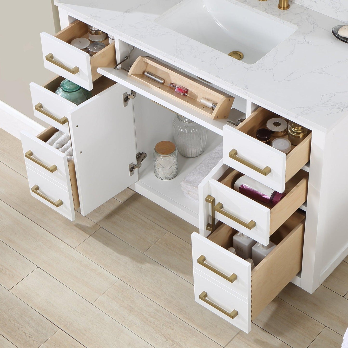 Altair Gavino 48" White Freestanding Single Bathroom Vanity Set With Grain White Composite Stone Top, Single Rectangular Undermount Ceramic Sink, Overflow, Sidesplash, and Backsplash