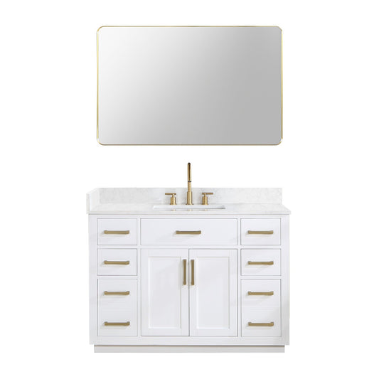 Altair Gavino 48" White Freestanding Single Bathroom Vanity Set With Mirror, Grain White Composite Stone Top, Single Rectangular Undermount Ceramic Sink, Overflow, Sidesplash, and Backsplash