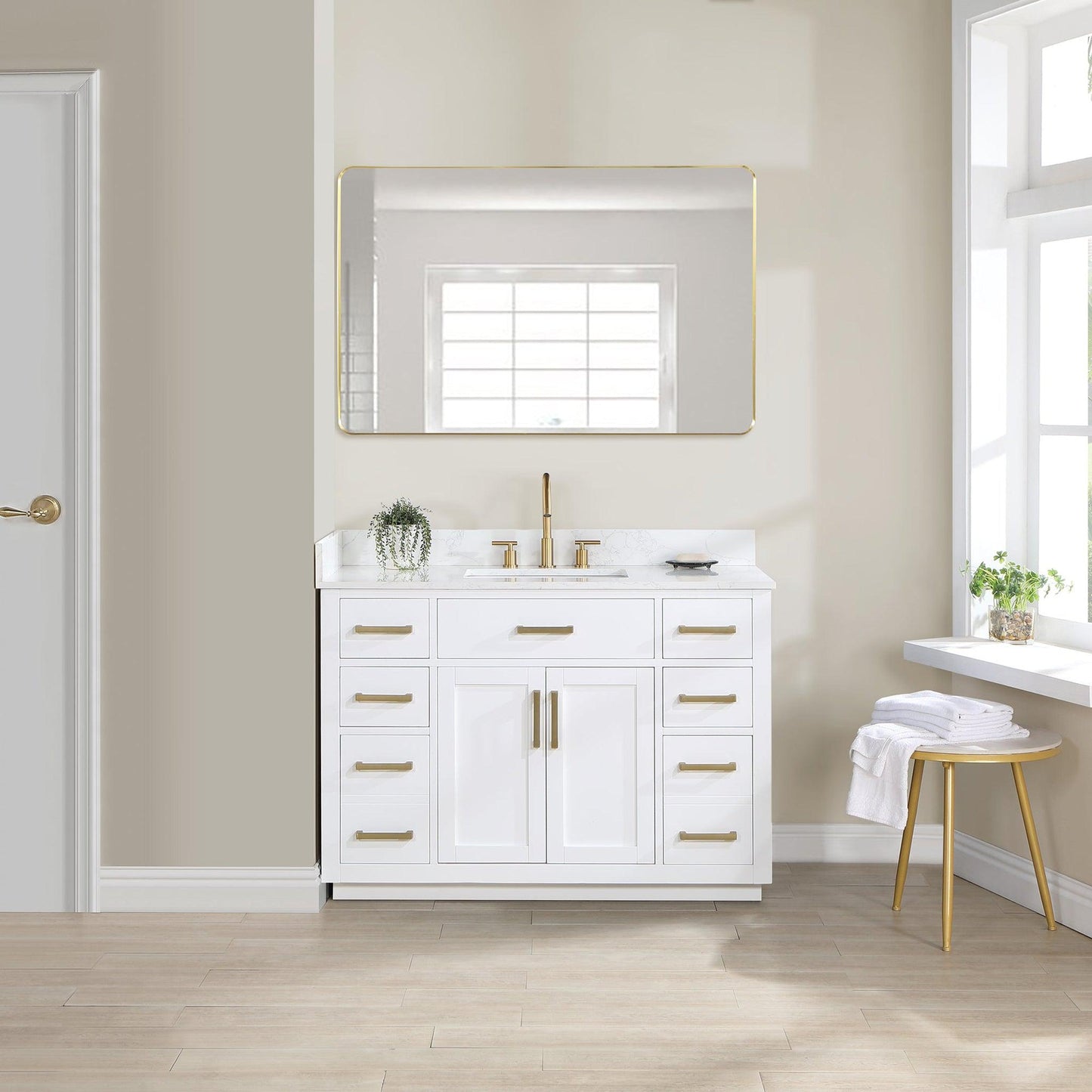 Altair Gavino 48" White Freestanding Single Bathroom Vanity Set With Mirror, Grain White Composite Stone Top, Single Rectangular Undermount Ceramic Sink, Overflow, Sidesplash, and Backsplash