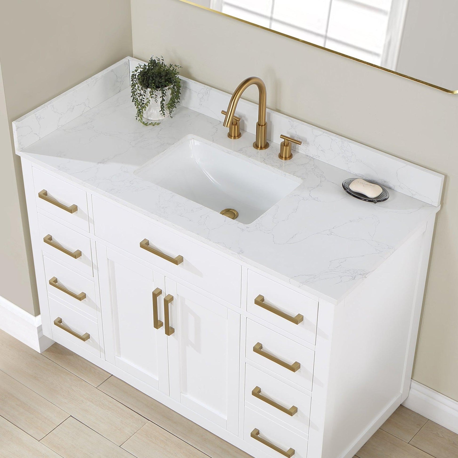 Altair Gavino 48" White Freestanding Single Bathroom Vanity Set With Mirror, Grain White Composite Stone Top, Single Rectangular Undermount Ceramic Sink, Overflow, Sidesplash, and Backsplash