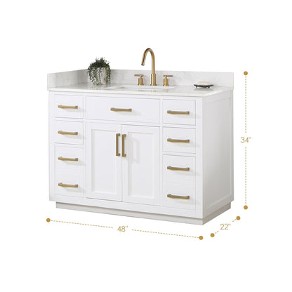 Altair Gavino 48" White Freestanding Single Bathroom Vanity Set With Mirror, Grain White Composite Stone Top, Single Rectangular Undermount Ceramic Sink, Overflow, Sidesplash, and Backsplash