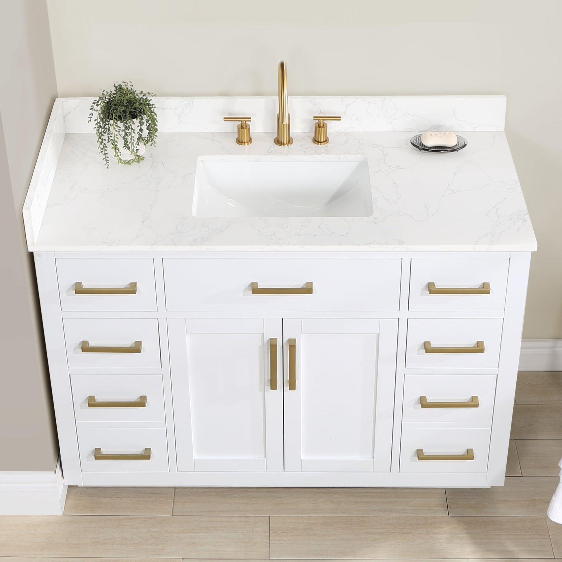 Altair Gavino 48" White Freestanding Single Bathroom Vanity Set With Mirror, Grain White Composite Stone Top, Single Rectangular Undermount Ceramic Sink, Overflow, Sidesplash, and Backsplash