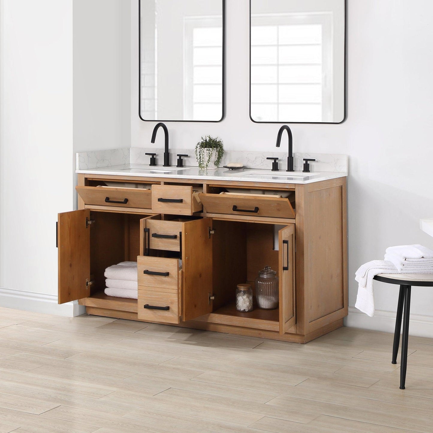 Altair Gavino 60" Light Brown Freestanding Double Bathroom Vanity Set With Grain White Composite Stone Top, Single Rectangular Undermount Ceramic Sink, Overflow, Sidesplash, and Backsplash