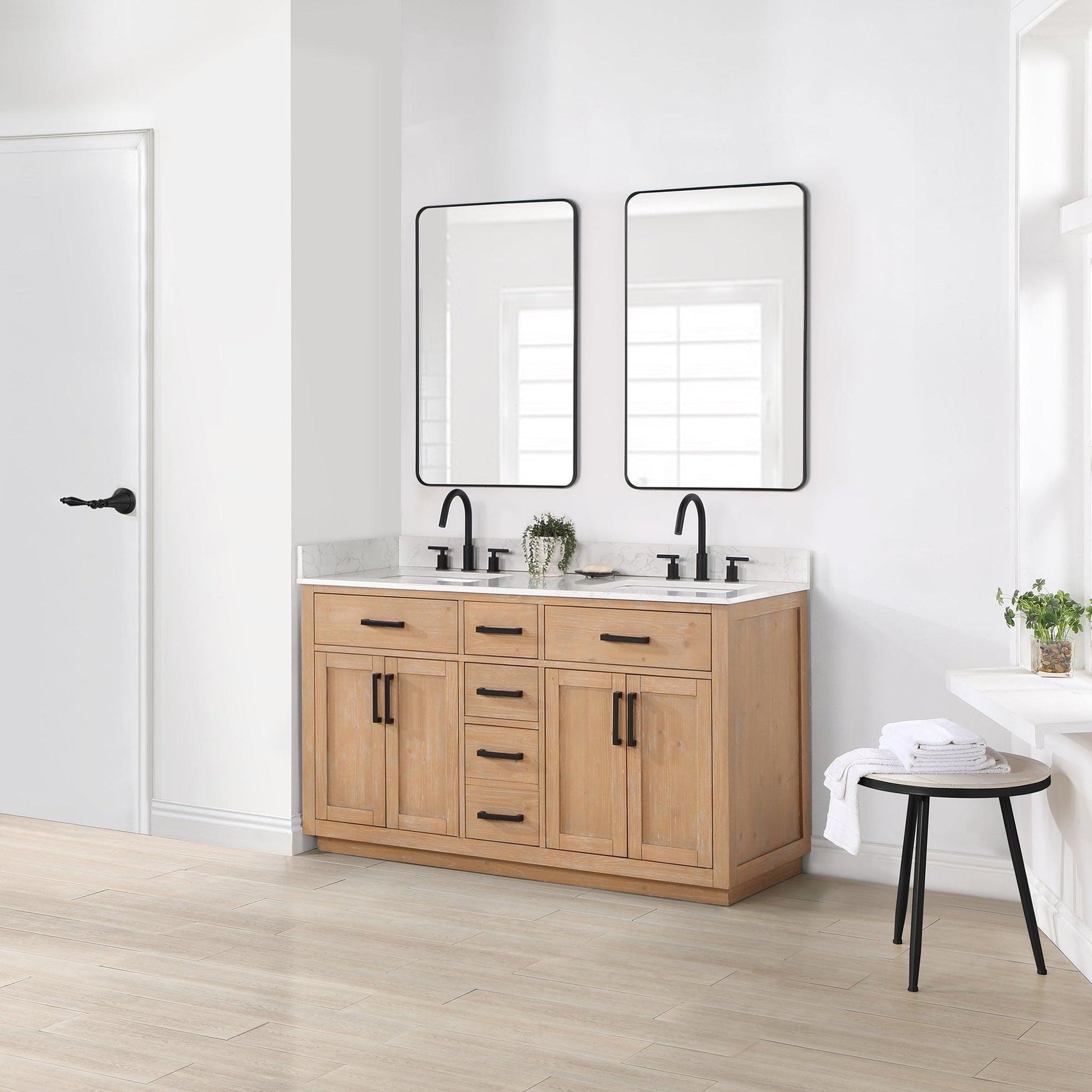 Altair Gavino 60" Light Brown Freestanding Double Bathroom Vanity Set With Grain White Composite Stone Top, Single Rectangular Undermount Ceramic Sink, Overflow, Sidesplash, and Backsplash