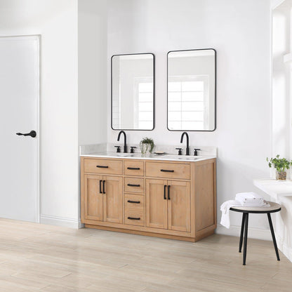 Altair Gavino 60" Light Brown Freestanding Double Bathroom Vanity Set With Grain White Composite Stone Top, Single Rectangular Undermount Ceramic Sink, Overflow, Sidesplash, and Backsplash