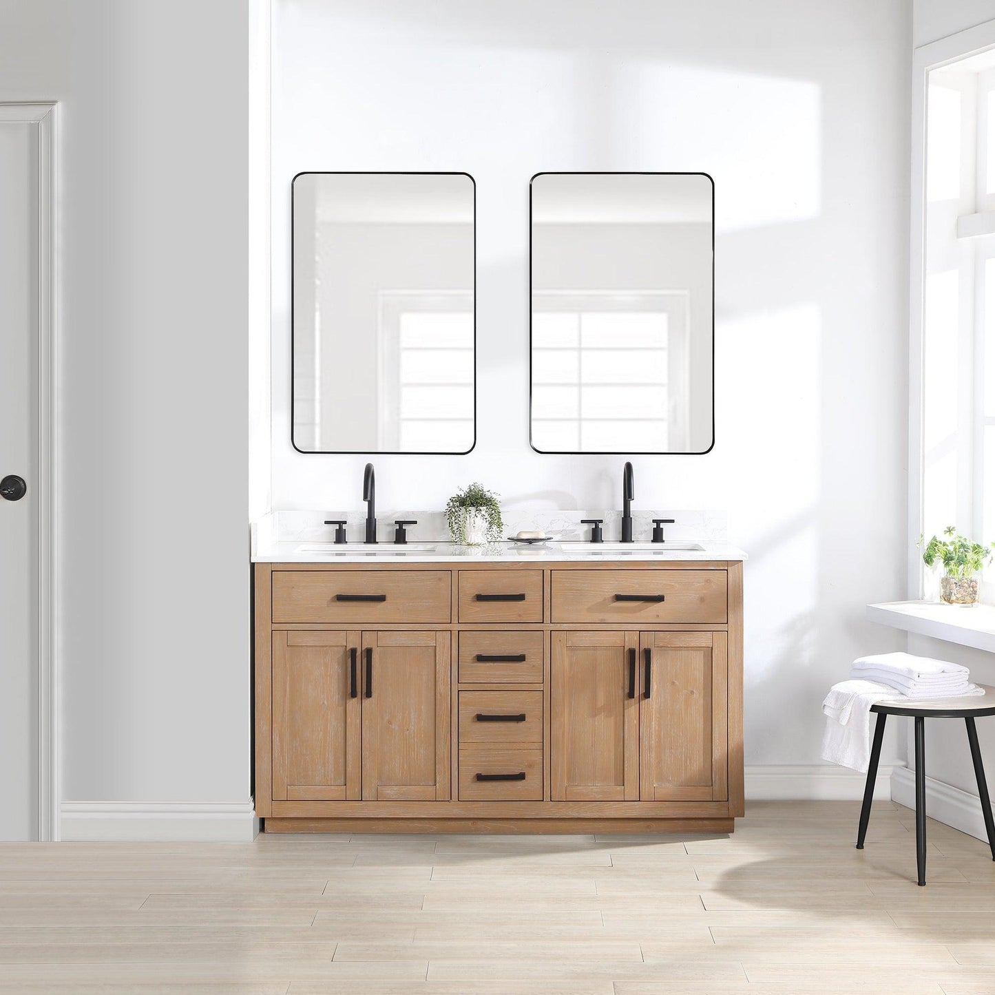 Altair Gavino 60" Light Brown Freestanding Double Bathroom Vanity Set With Grain White Composite Stone Top, Single Rectangular Undermount Ceramic Sink, Overflow, Sidesplash, and Backsplash