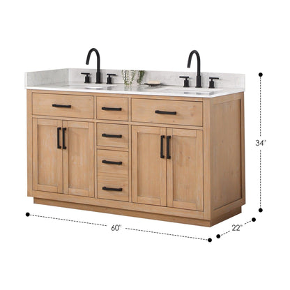 Altair Gavino 60" Light Brown Freestanding Double Bathroom Vanity Set With Grain White Composite Stone Top, Single Rectangular Undermount Ceramic Sink, Overflow, Sidesplash, and Backsplash