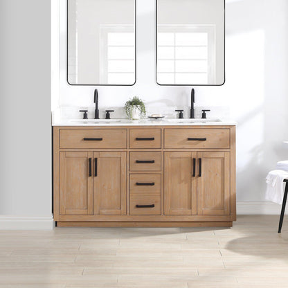 Altair Gavino 60" Light Brown Freestanding Double Bathroom Vanity Set With Grain White Composite Stone Top, Single Rectangular Undermount Ceramic Sink, Overflow, Sidesplash, and Backsplash