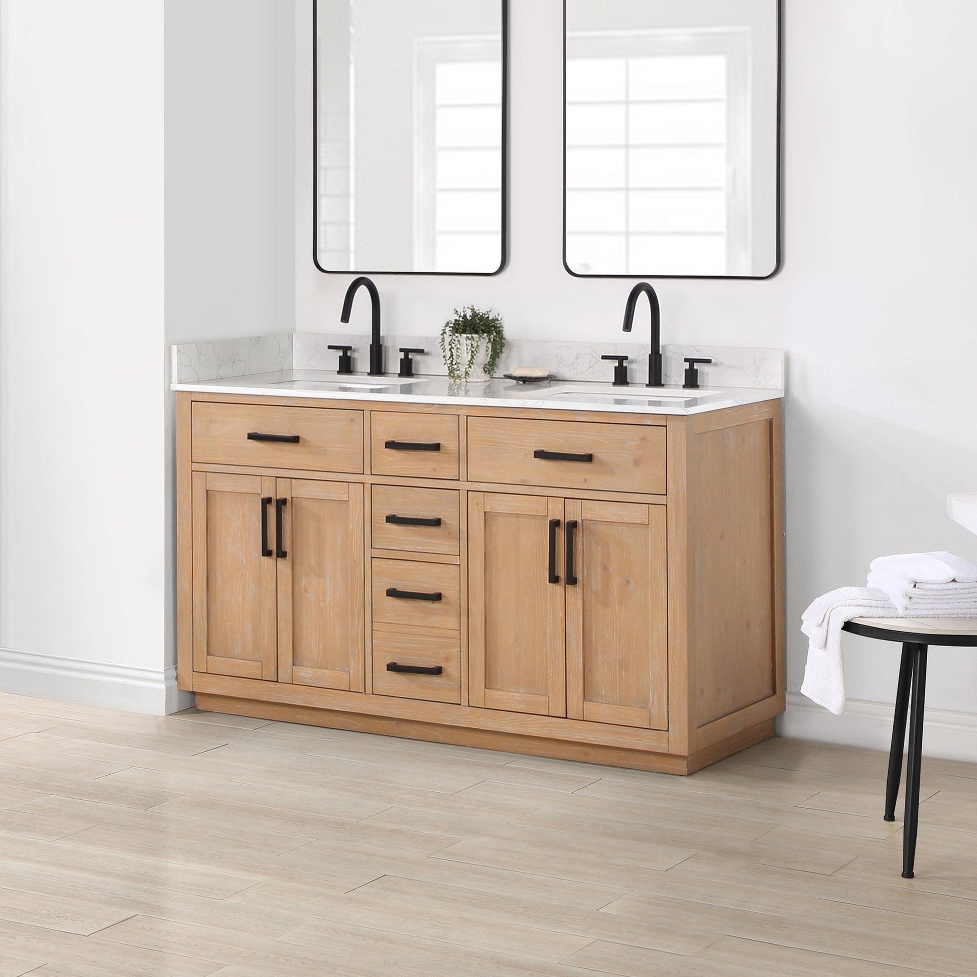 Altair Gavino 60" Light Brown Freestanding Double Bathroom Vanity Set With Grain White Composite Stone Top, Single Rectangular Undermount Ceramic Sink, Overflow, Sidesplash, and Backsplash