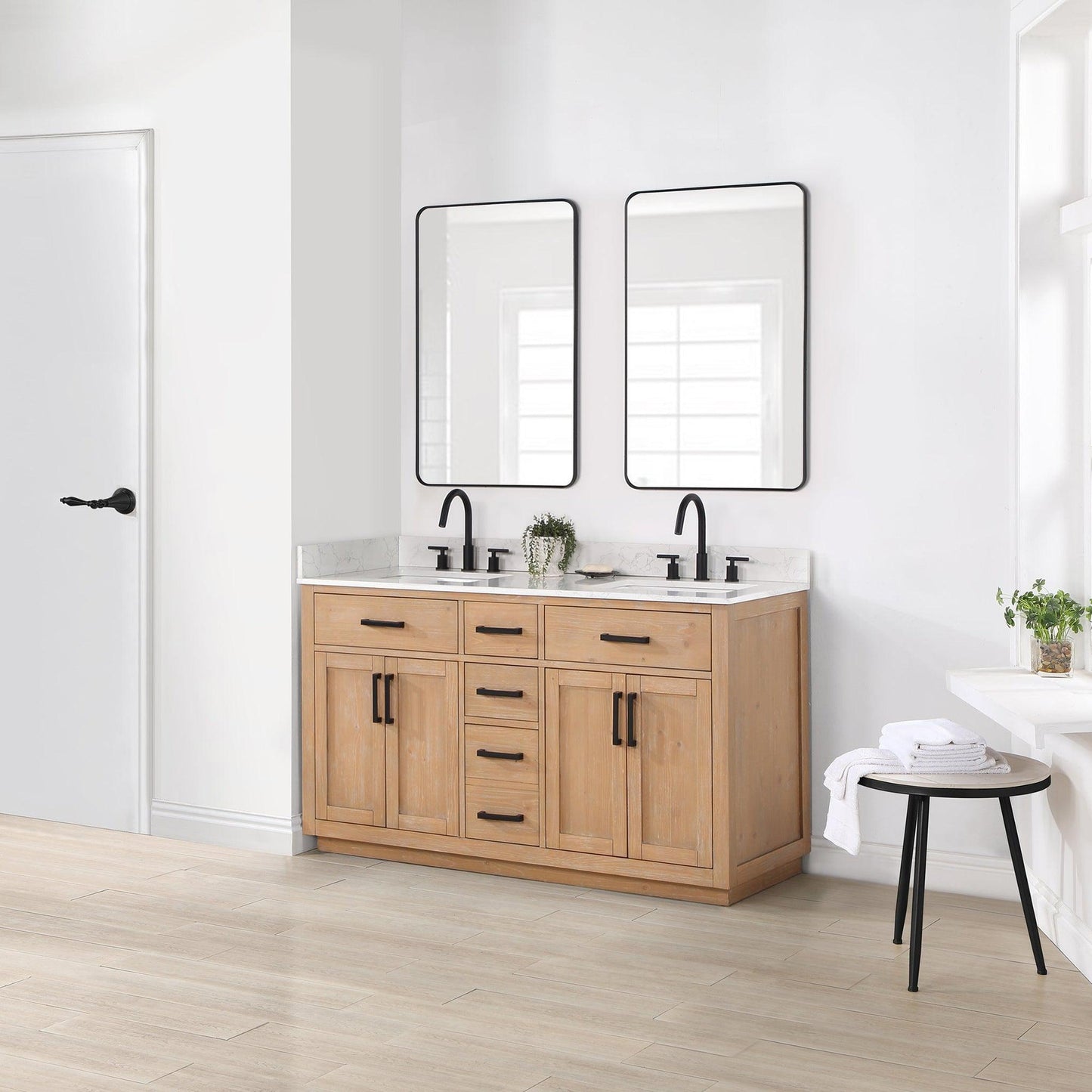 Altair Gavino 60" Light Brown Freestanding Double Bathroom Vanity Set With Mirror, Grain White Composite Stone Top, Single Rectangular Undermount Ceramic Sink, Overflow, Sidesplash, and Backsplash