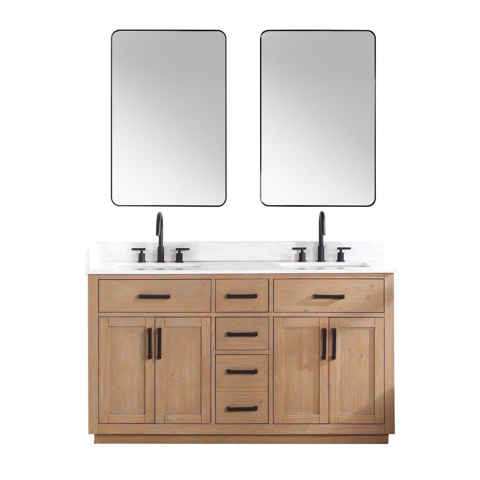 Altair Gavino 60" Light Brown Freestanding Double Bathroom Vanity Set With Mirror, Grain White Composite Stone Top, Single Rectangular Undermount Ceramic Sink, Overflow, Sidesplash, and Backsplash