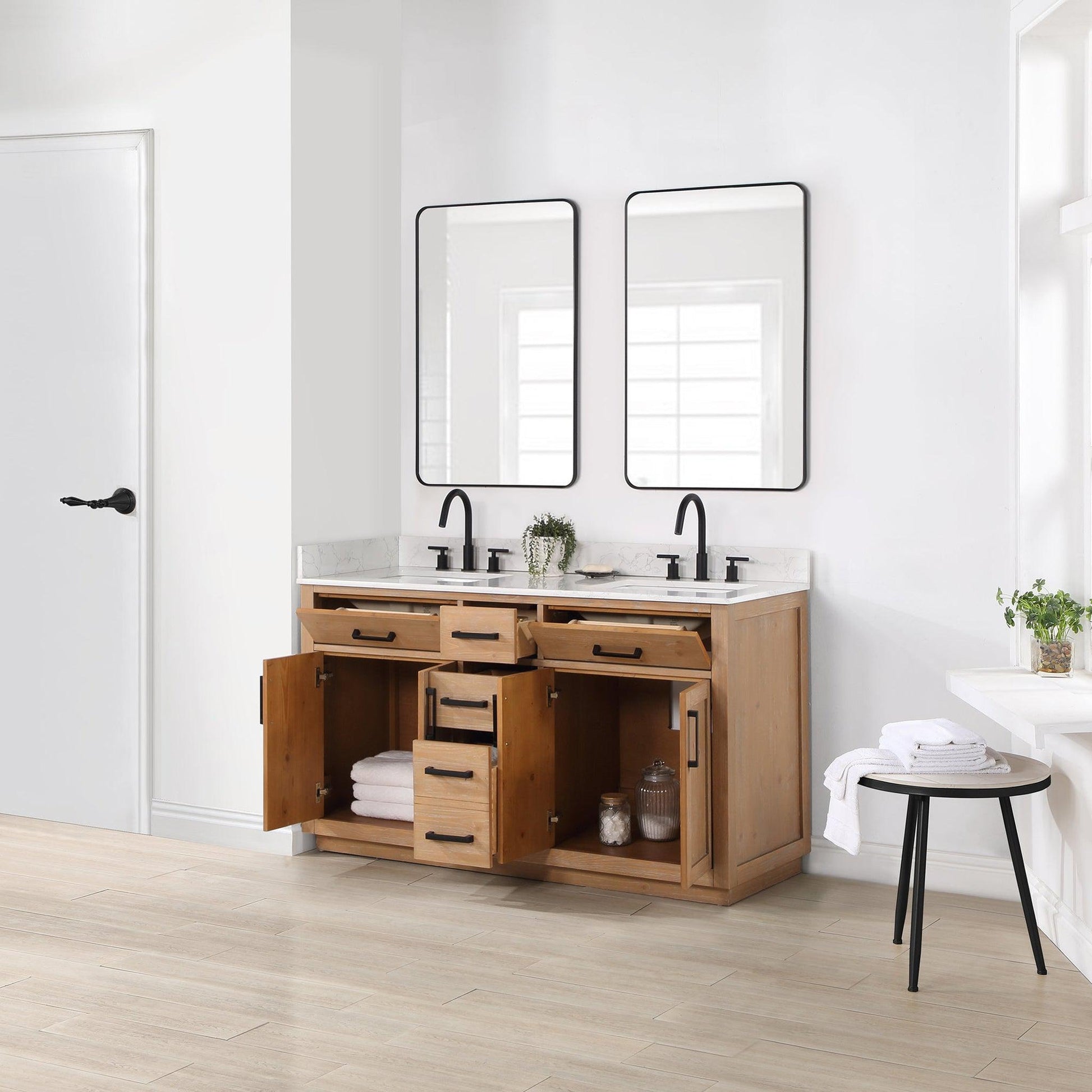 Altair Gavino 60" Light Brown Freestanding Double Bathroom Vanity Set With Mirror, Grain White Composite Stone Top, Single Rectangular Undermount Ceramic Sink, Overflow, Sidesplash, and Backsplash