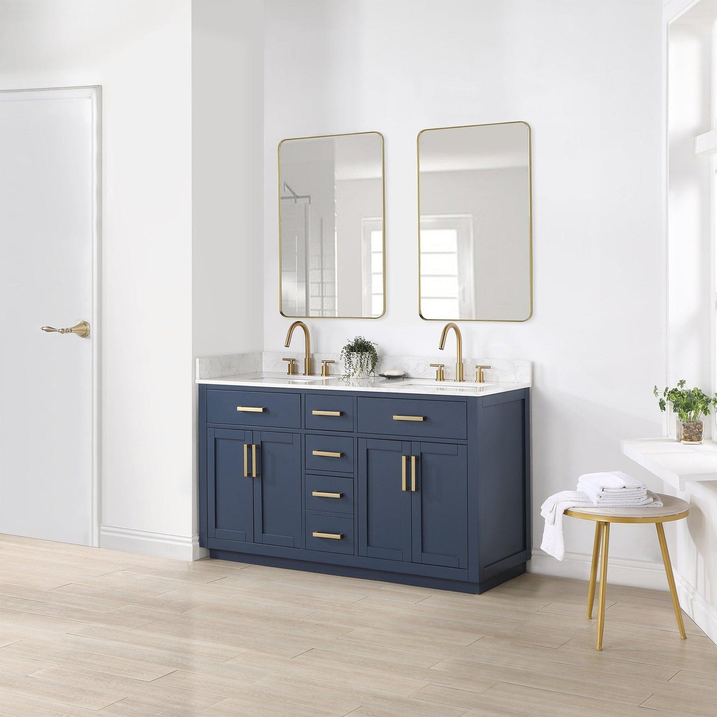 Altair Gavino 60" Royal Blue Freestanding Double Bathroom Vanity Set With Grain White Composite Stone Top, Single Rectangular Undermount Ceramic Sink, Overflow, Sidesplash, and Backsplash