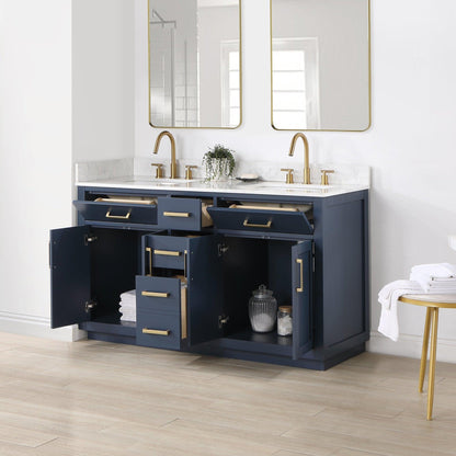 Altair Gavino 60" Royal Blue Freestanding Double Bathroom Vanity Set With Grain White Composite Stone Top, Single Rectangular Undermount Ceramic Sink, Overflow, Sidesplash, and Backsplash