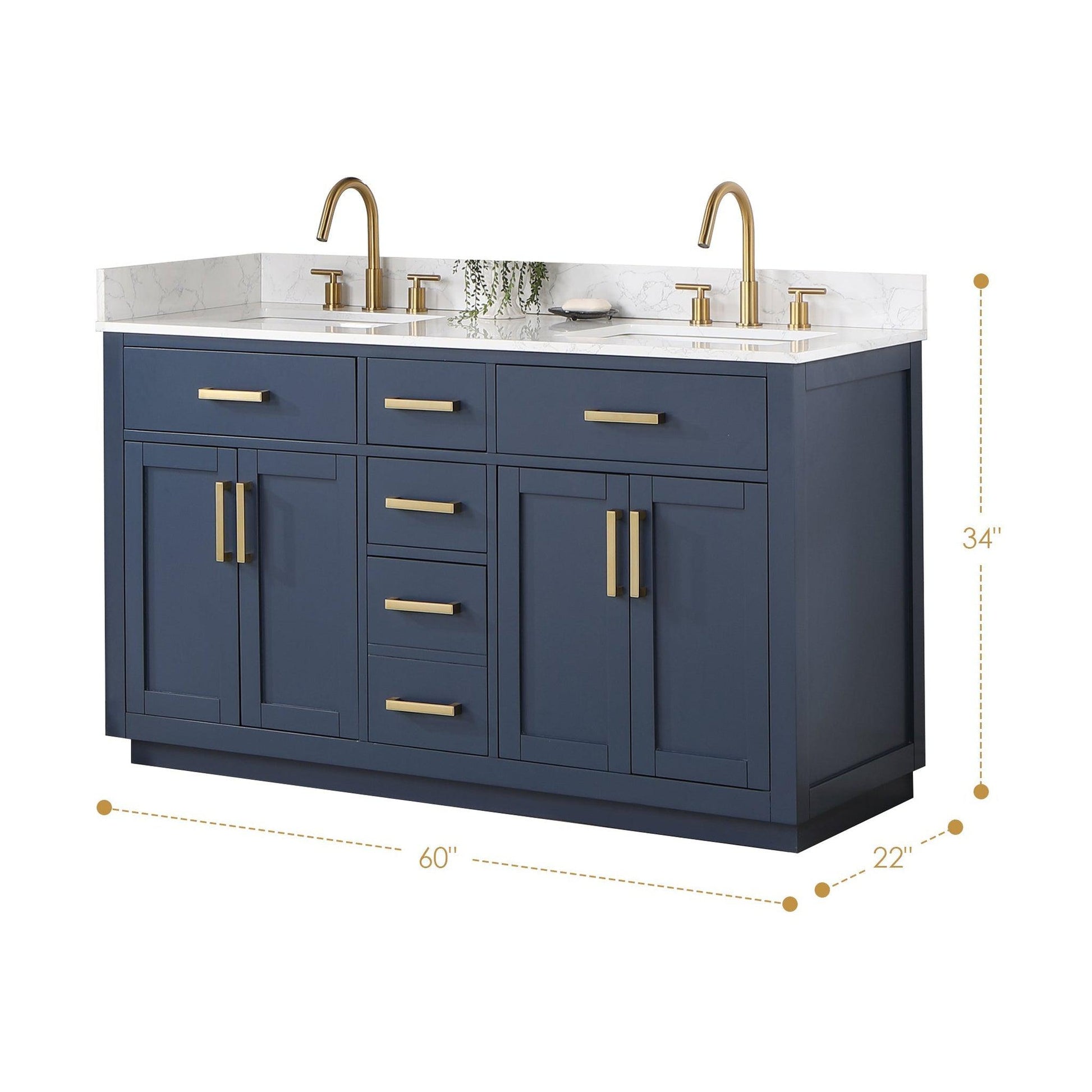 Altair Gavino 60" Royal Blue Freestanding Double Bathroom Vanity Set With Grain White Composite Stone Top, Single Rectangular Undermount Ceramic Sink, Overflow, Sidesplash, and Backsplash