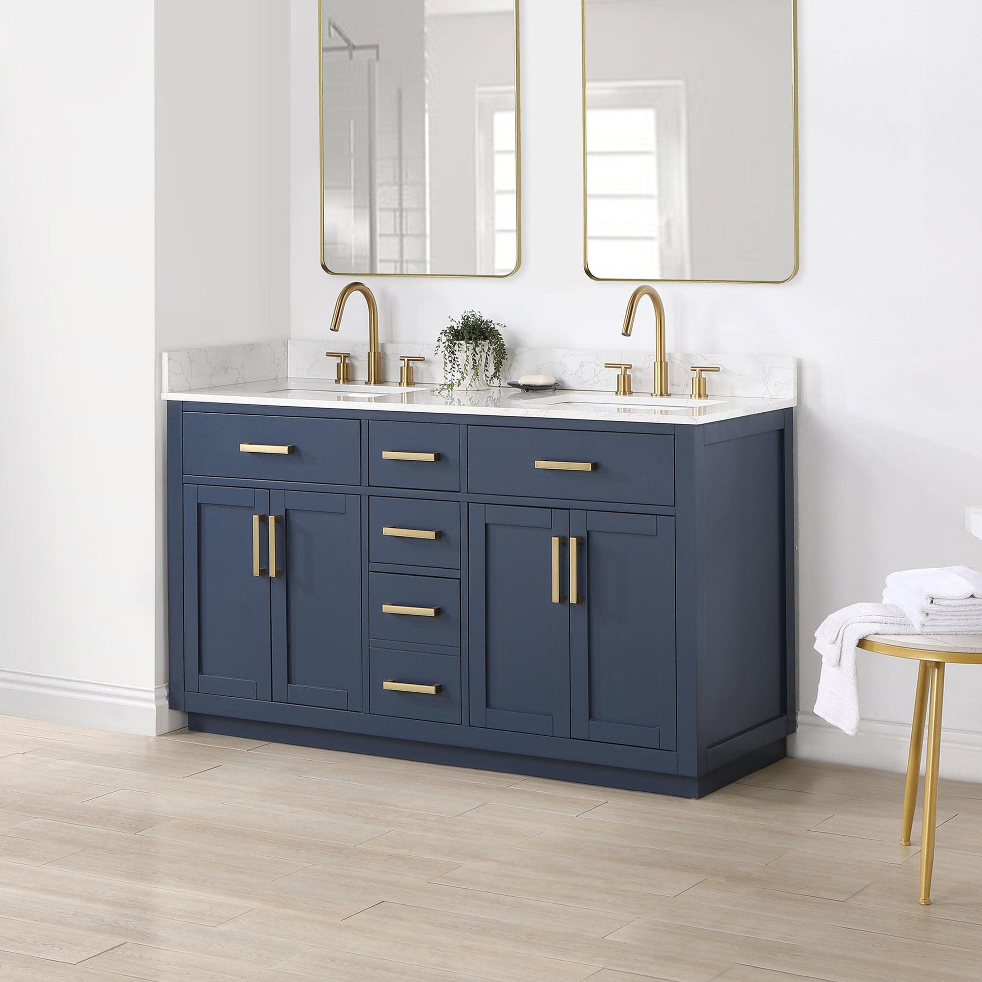 Altair Gavino 60" Royal Blue Freestanding Double Bathroom Vanity Set With Grain White Composite Stone Top, Single Rectangular Undermount Ceramic Sink, Overflow, Sidesplash, and Backsplash