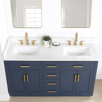 Altair Gavino 60" Royal Blue Freestanding Double Bathroom Vanity Set With Grain White Composite Stone Top, Single Rectangular Undermount Ceramic Sink, Overflow, Sidesplash, and Backsplash