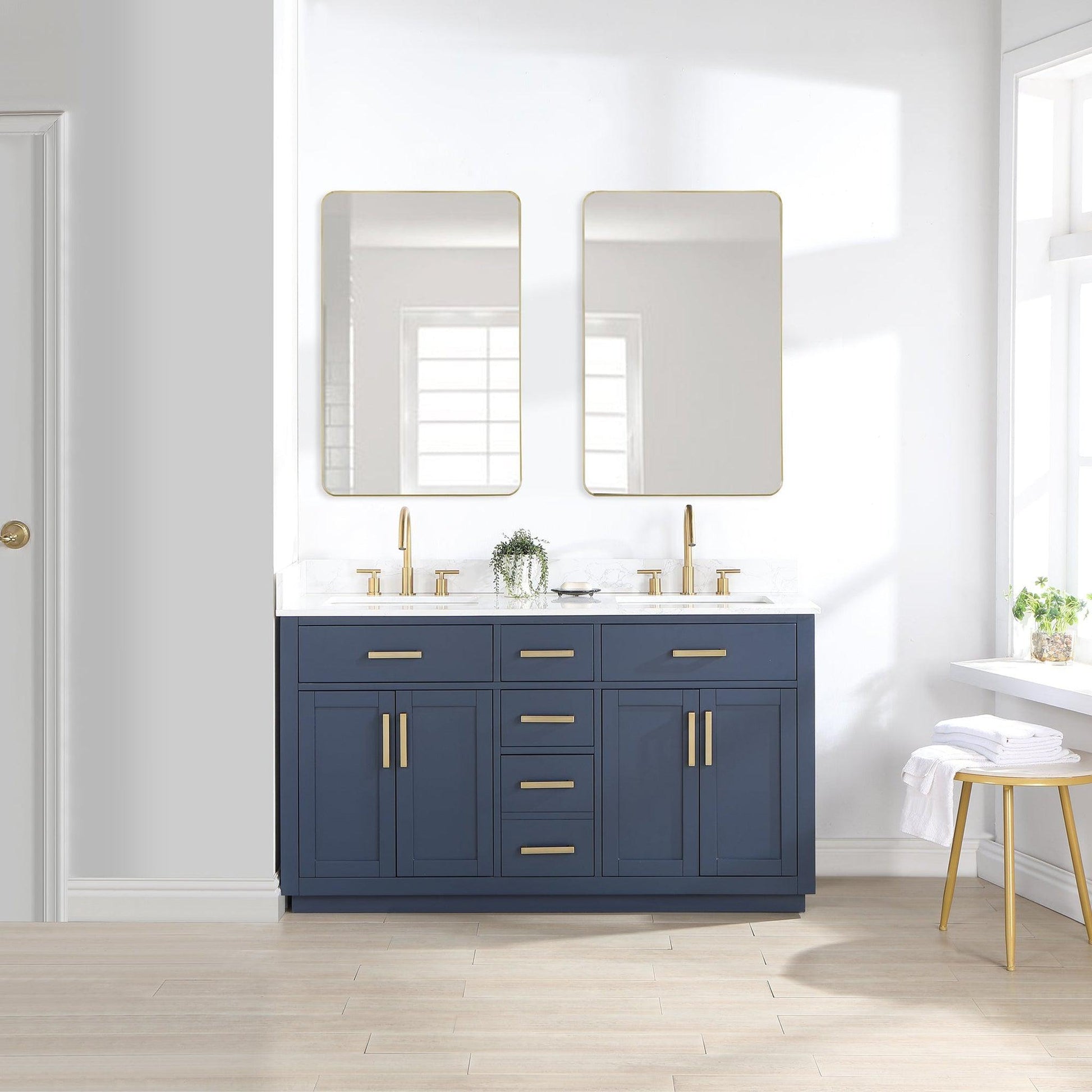 Altair Gavino 60" Royal Blue Freestanding Double Bathroom Vanity Set With Grain White Composite Stone Top, Single Rectangular Undermount Ceramic Sink, Overflow, Sidesplash, and Backsplash