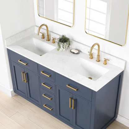 Altair Gavino 60" Royal Blue Freestanding Double Bathroom Vanity Set With Mirror, Grain White Composite Stone Top, Single Rectangular Undermount Ceramic Sink, Overflow, Sidesplash, and Backsplash