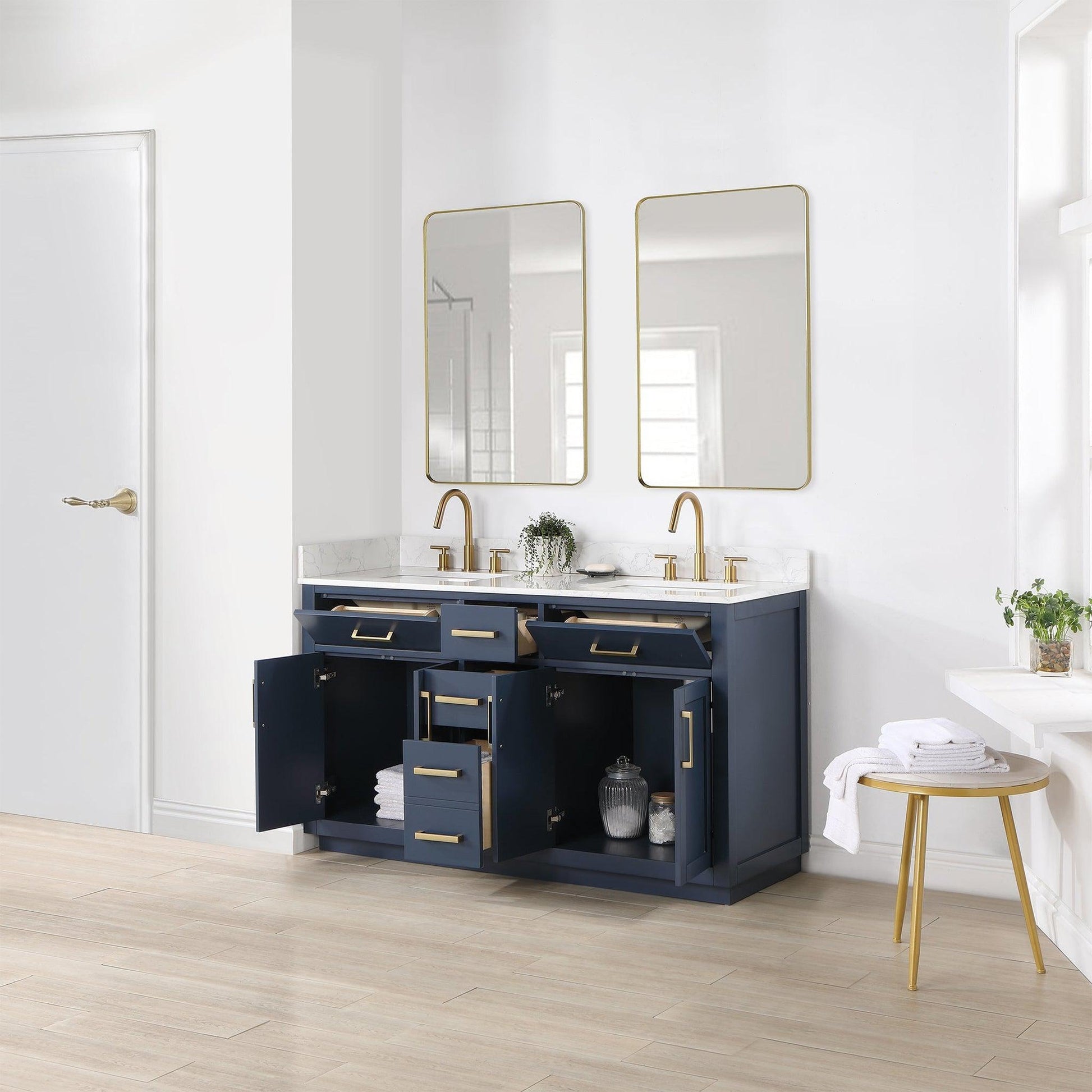 Altair Gavino 60" Royal Blue Freestanding Double Bathroom Vanity Set With Mirror, Grain White Composite Stone Top, Single Rectangular Undermount Ceramic Sink, Overflow, Sidesplash, and Backsplash