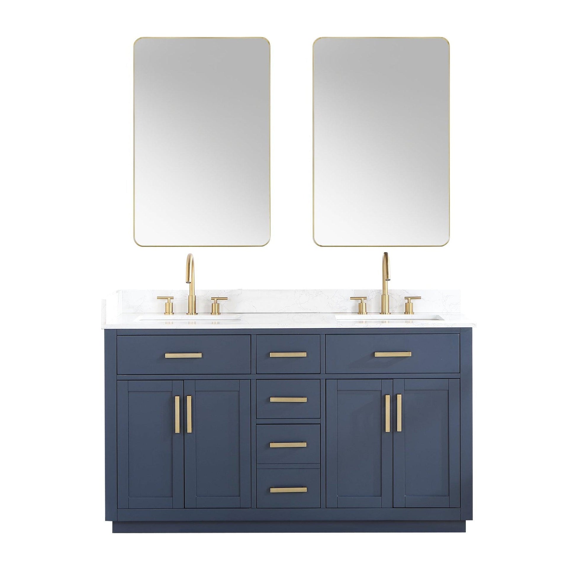 Altair Gavino 60" Royal Blue Freestanding Double Bathroom Vanity Set With Mirror, Grain White Composite Stone Top, Single Rectangular Undermount Ceramic Sink, Overflow, Sidesplash, and Backsplash