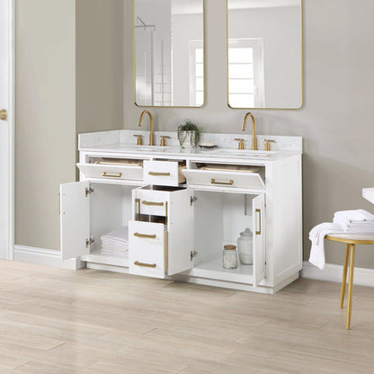 Altair Gavino 60" White Freestanding Double Bathroom Vanity Set With Grain White Composite Stone Top, Single Rectangular Undermount Ceramic Sink, Overflow, Sidesplash, and Backsplash