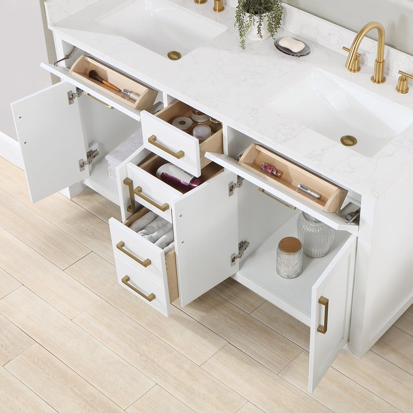 Altair Gavino 60" White Freestanding Double Bathroom Vanity Set With Grain White Composite Stone Top, Single Rectangular Undermount Ceramic Sink, Overflow, Sidesplash, and Backsplash