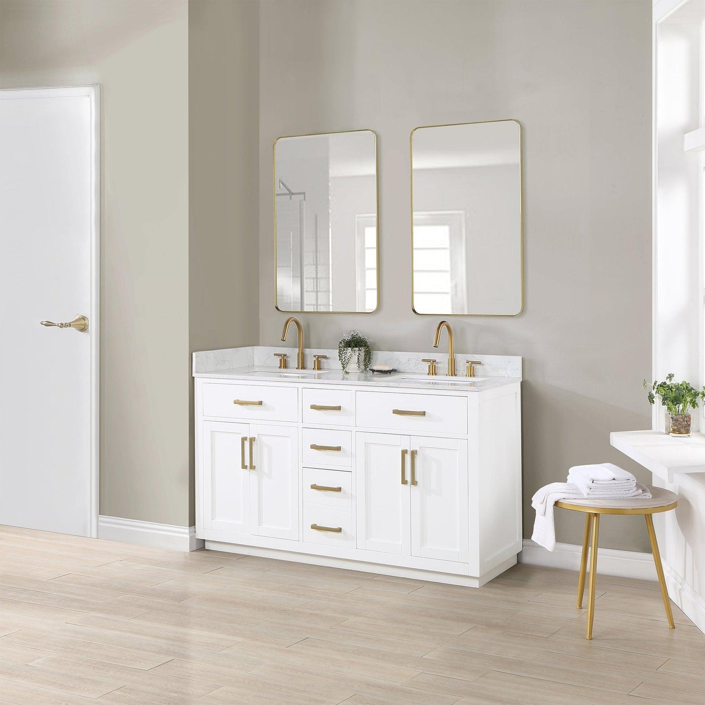 Altair Gavino 60" White Freestanding Double Bathroom Vanity Set With Mirror, Grain White Composite Stone Top, Single Rectangular Undermount Ceramic Sink, Overflow, Sidesplash, and Backsplash