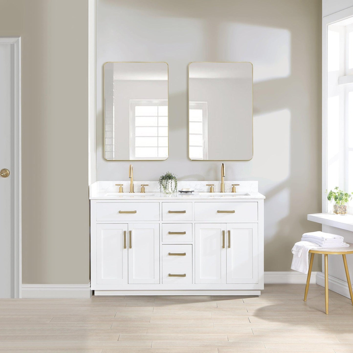 Altair Gavino 60" White Freestanding Double Bathroom Vanity Set With Mirror, Grain White Composite Stone Top, Single Rectangular Undermount Ceramic Sink, Overflow, Sidesplash, and Backsplash