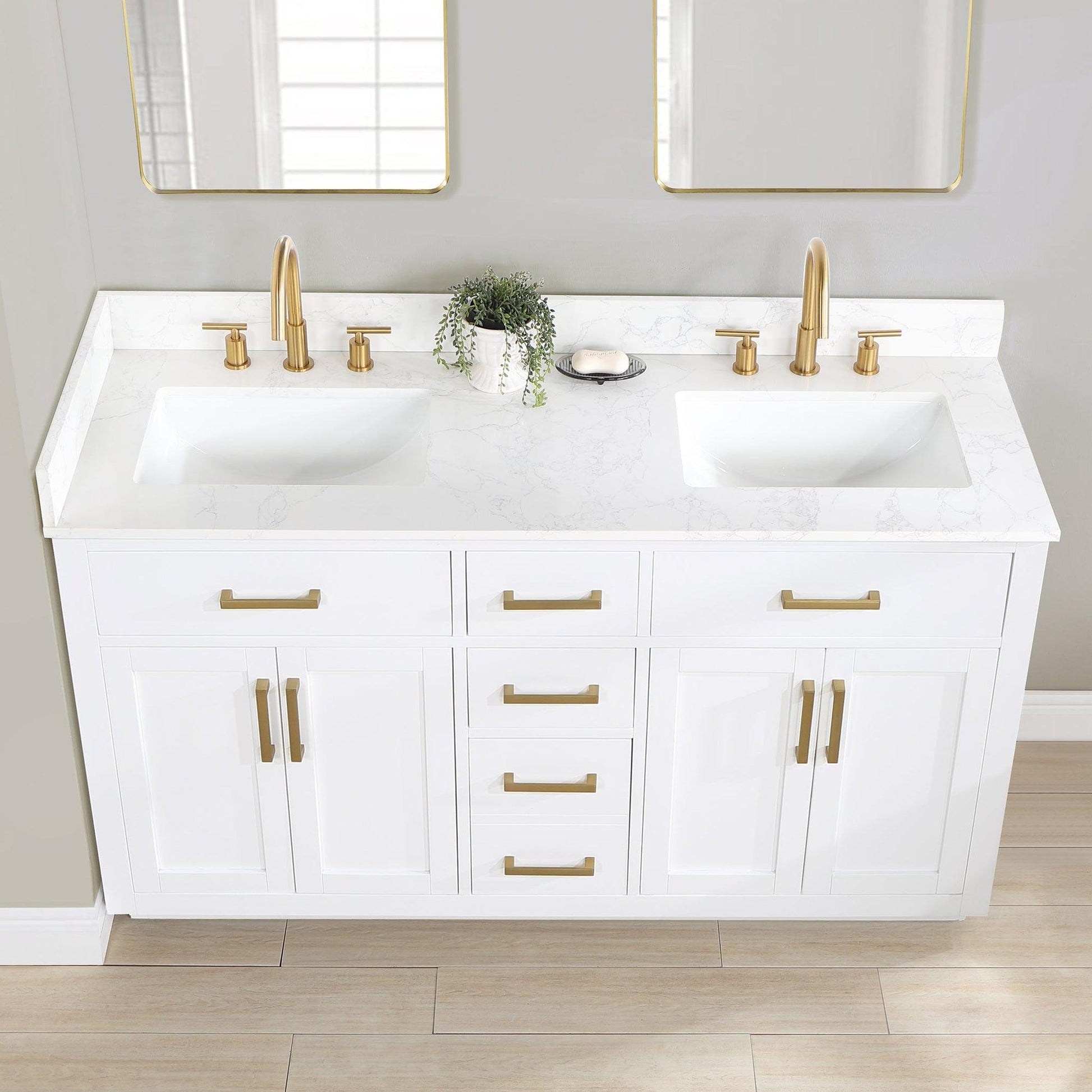 Altair Gavino 60" White Freestanding Double Bathroom Vanity Set With Mirror, Grain White Composite Stone Top, Single Rectangular Undermount Ceramic Sink, Overflow, Sidesplash, and Backsplash