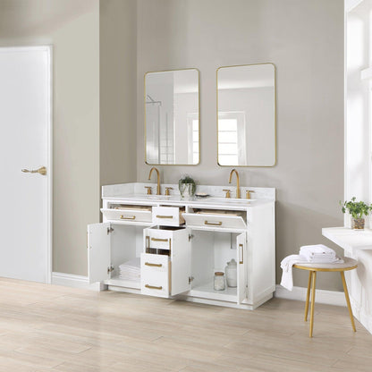 Altair Gavino 60" White Freestanding Double Bathroom Vanity Set With Mirror, Grain White Composite Stone Top, Single Rectangular Undermount Ceramic Sink, Overflow, Sidesplash, and Backsplash