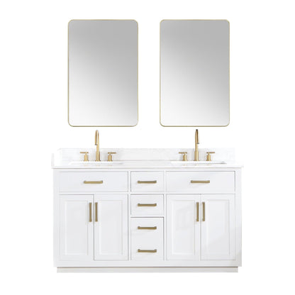 Altair Gavino 60" White Freestanding Double Bathroom Vanity Set With Mirror, Grain White Composite Stone Top, Single Rectangular Undermount Ceramic Sink, Overflow, Sidesplash, and Backsplash