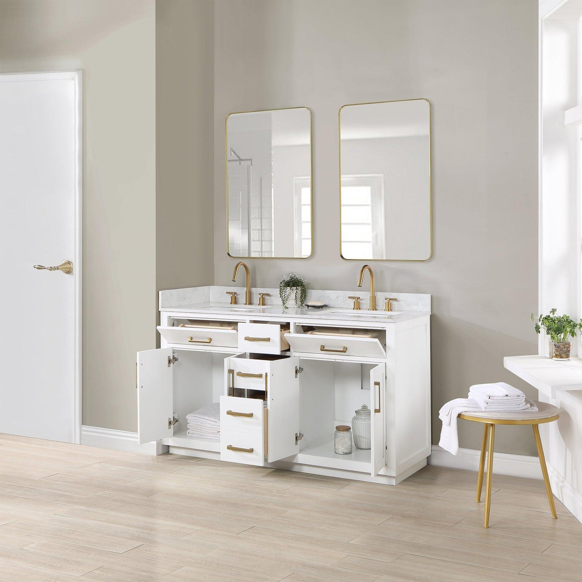 Altair Gavino 60" White Freestanding Double Bathroom Vanity Set With Mirror, Grain White Composite Stone Top, Single Rectangular Undermount Ceramic Sink, Overflow, Sidesplash, and Backsplash