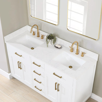 Altair Gavino 60" White Freestanding Double Bathroom Vanity Set With Mirror, Grain White Composite Stone Top, Single Rectangular Undermount Ceramic Sink, Overflow, Sidesplash, and Backsplash