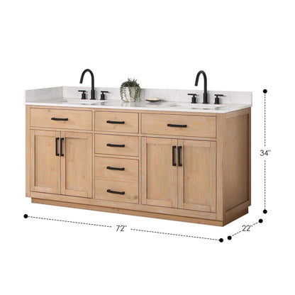 Altair Gavino 72" Light Brown Freestanding Double Bathroom Vanity Set With Grain White Composite Stone Top, Single Rectangular Undermount Ceramic Sink, Overflow, Sidesplash, and Backsplash