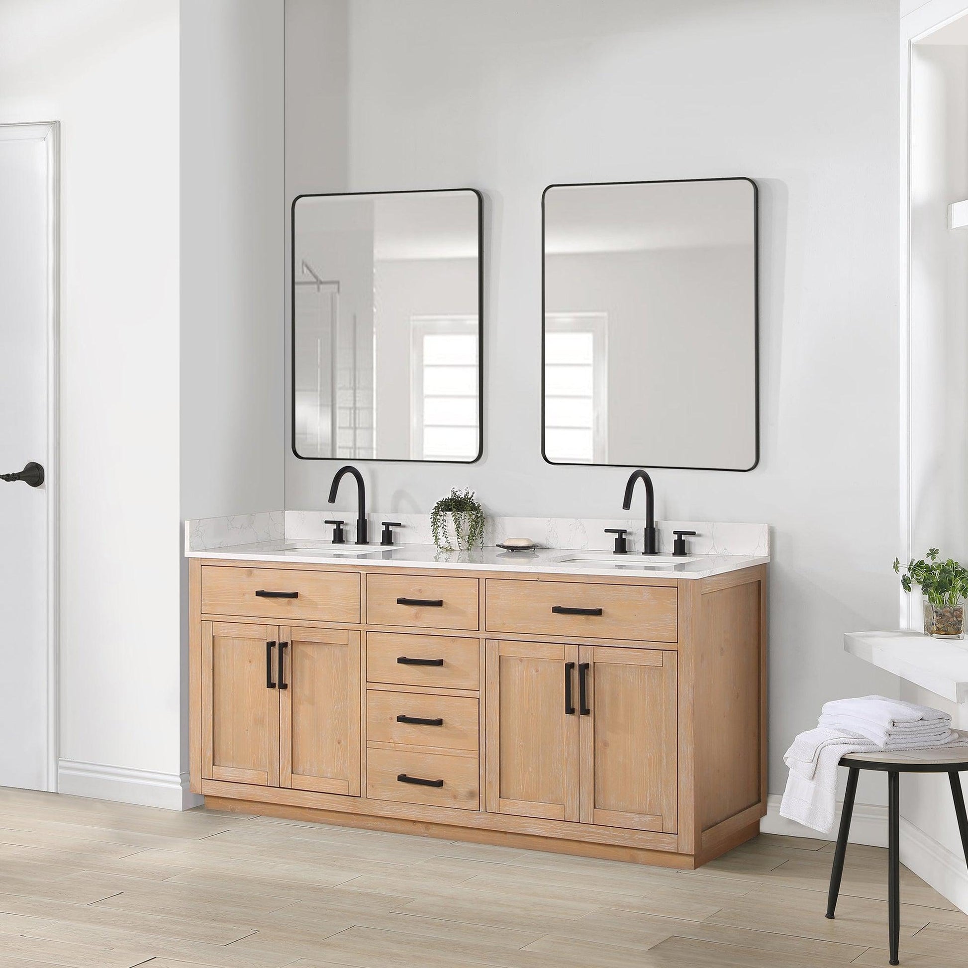 Altair Gavino 72" Light Brown Freestanding Double Bathroom Vanity Set With Grain White Composite Stone Top, Single Rectangular Undermount Ceramic Sink, Overflow, Sidesplash, and Backsplash