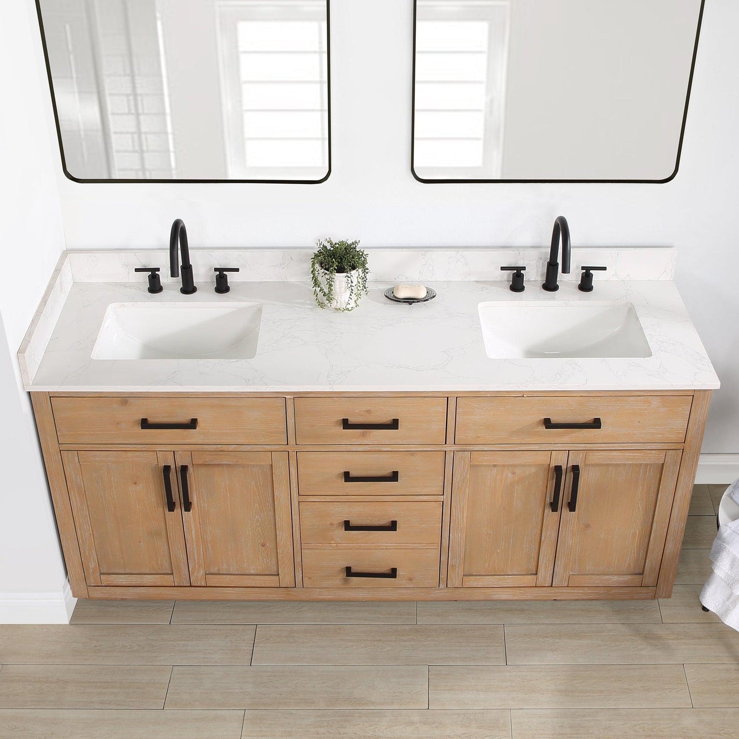 Altair Gavino 72" Light Brown Freestanding Double Bathroom Vanity Set With Grain White Composite Stone Top, Single Rectangular Undermount Ceramic Sink, Overflow, Sidesplash, and Backsplash