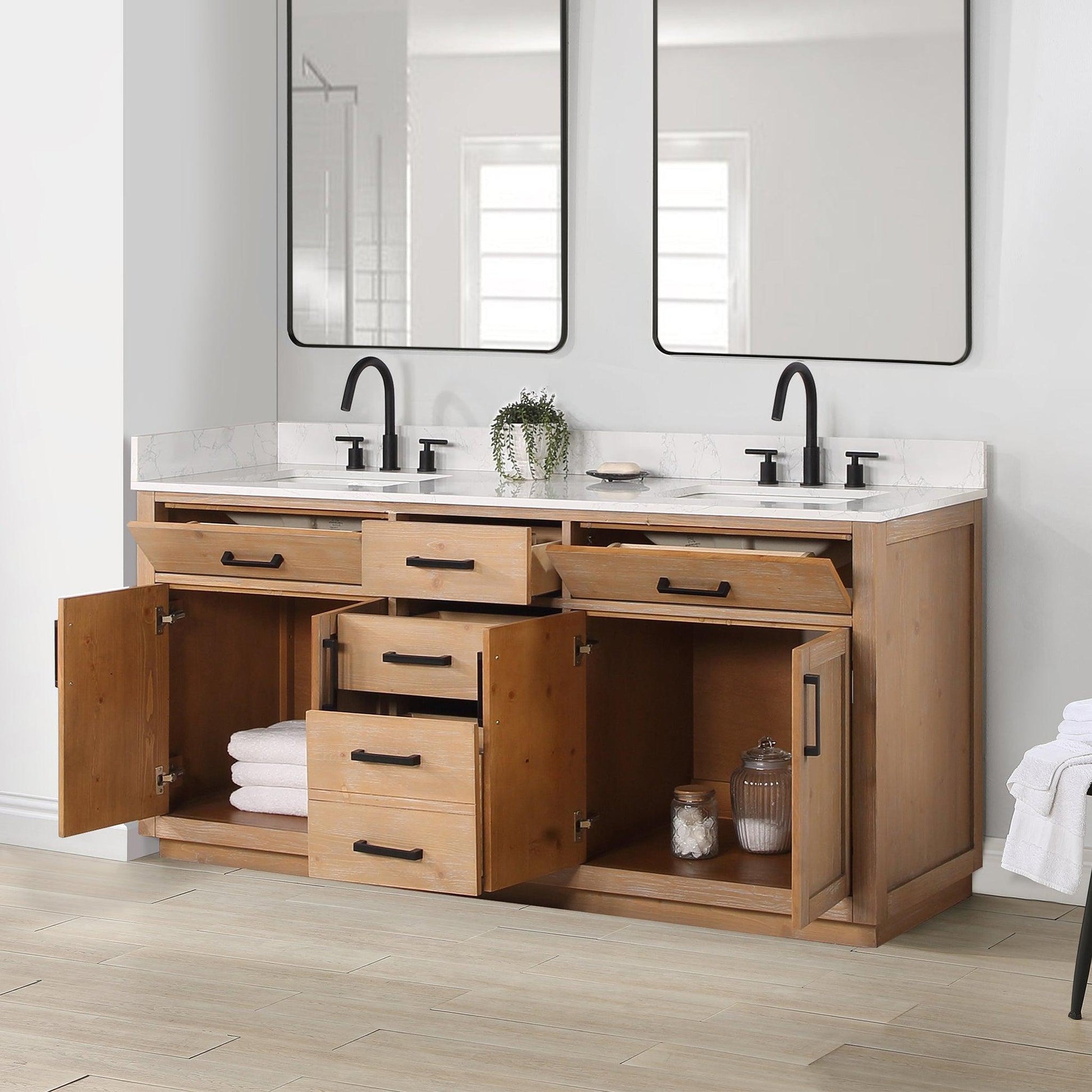 Altair Gavino 72" Light Brown Freestanding Double Bathroom Vanity Set With Grain White Composite Stone Top, Single Rectangular Undermount Ceramic Sink, Overflow, Sidesplash, and Backsplash