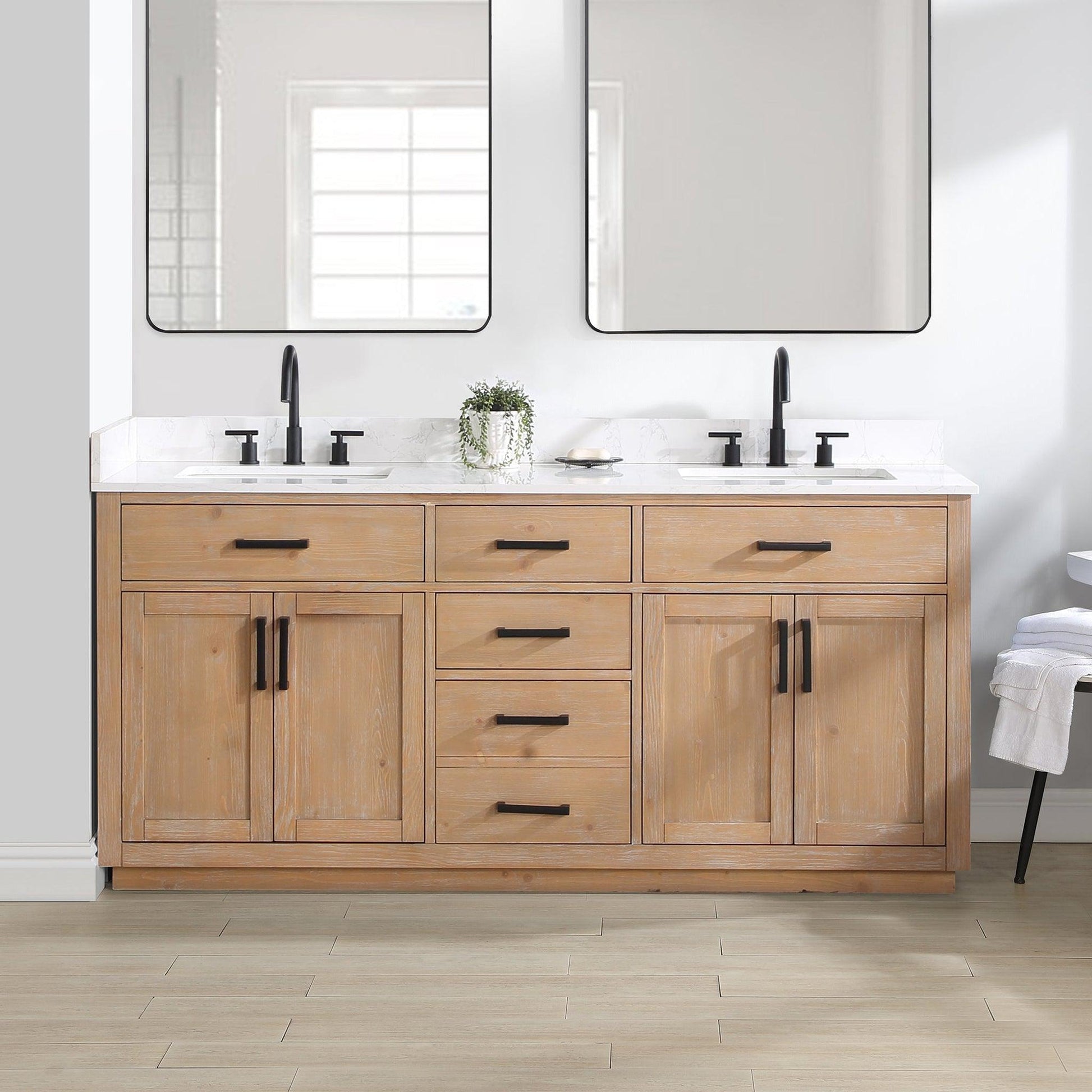 Altair Gavino 72" Light Brown Freestanding Double Bathroom Vanity Set With Grain White Composite Stone Top, Single Rectangular Undermount Ceramic Sink, Overflow, Sidesplash, and Backsplash