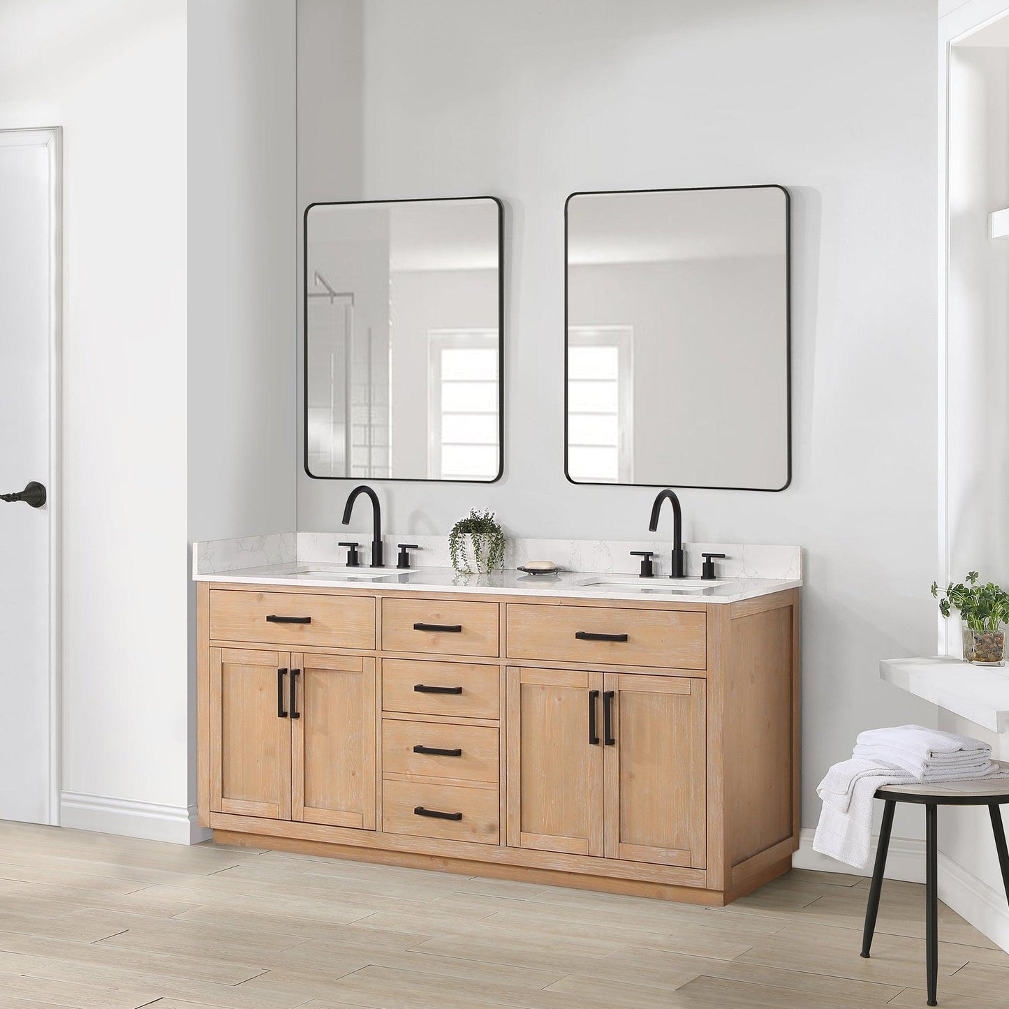 Altair Gavino 72" Light Brown Freestanding Double Bathroom Vanity Set With Mirror, Grain White Composite Stone Top, Single Rectangular Undermount Ceramic Sink, Overflow, Sidesplash, and Backsplash