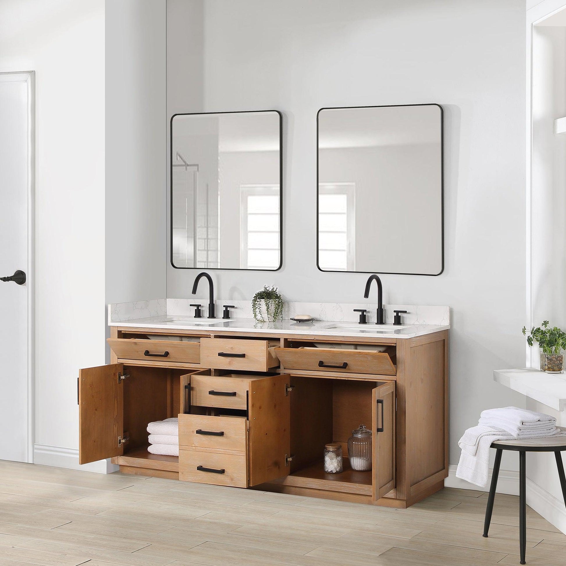 Altair Gavino 72" Light Brown Freestanding Double Bathroom Vanity Set With Mirror, Grain White Composite Stone Top, Single Rectangular Undermount Ceramic Sink, Overflow, Sidesplash, and Backsplash