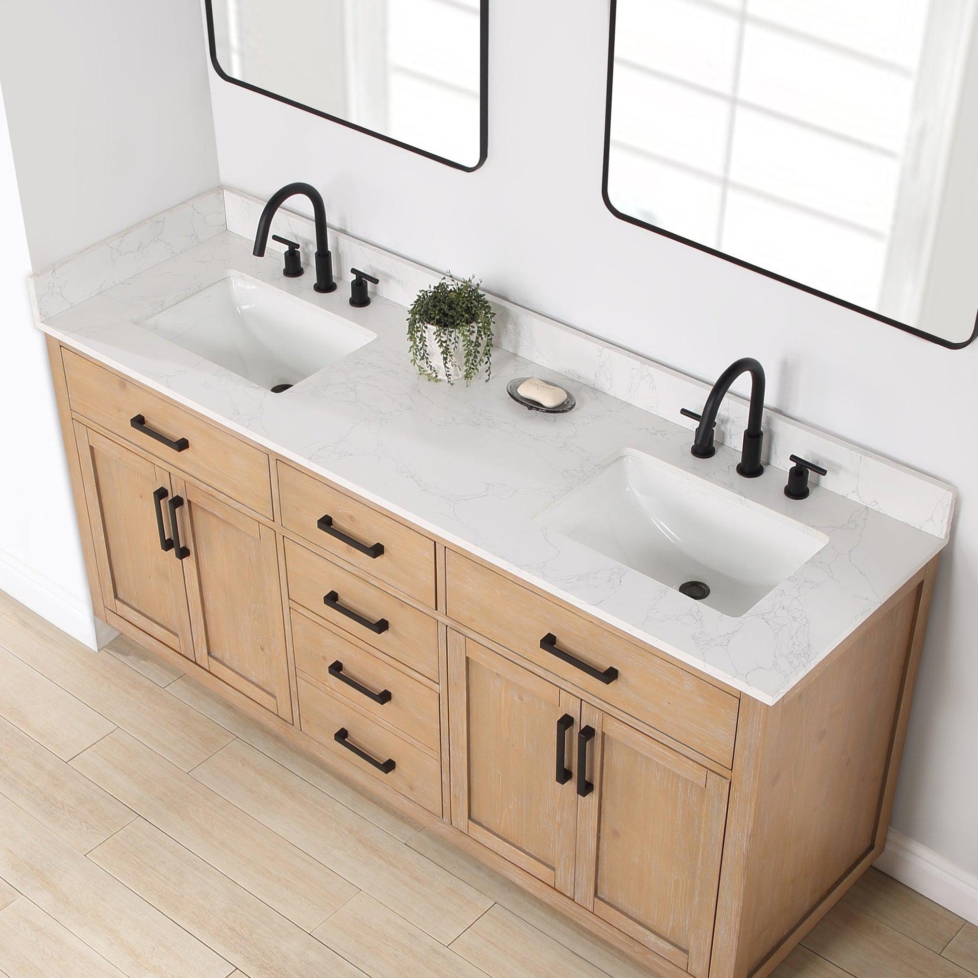 Altair Gavino 72" Light Brown Freestanding Double Bathroom Vanity Set With Mirror, Grain White Composite Stone Top, Single Rectangular Undermount Ceramic Sink, Overflow, Sidesplash, and Backsplash