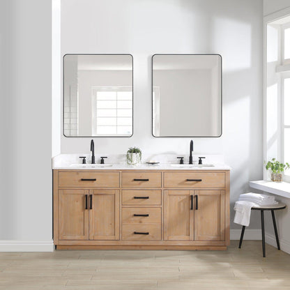 Altair Gavino 72" Light Brown Freestanding Double Bathroom Vanity Set With Mirror, Grain White Composite Stone Top, Single Rectangular Undermount Ceramic Sink, Overflow, Sidesplash, and Backsplash