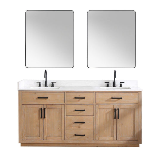 Altair Gavino 72" Light Brown Freestanding Double Bathroom Vanity Set With Mirror, Grain White Composite Stone Top, Single Rectangular Undermount Ceramic Sink, Overflow, Sidesplash, and Backsplash