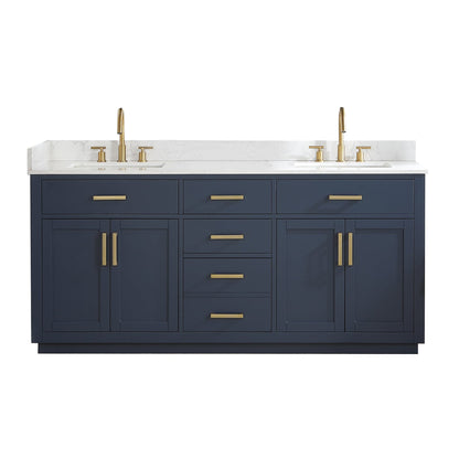 Altair Gavino 72" Royal Blue Freestanding Double Bathroom Vanity Set With Grain White Composite Stone Top, Single Rectangular Undermount Ceramic Sink, Overflow, Sidesplash, and Backsplash